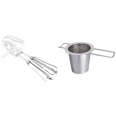 1 Pcs Rotary Manual Hand Whisk Egg Beater Mixer Blender &amp; 1 Pcs Tea Infuser Filter Long Handle Folding Tea Strainer