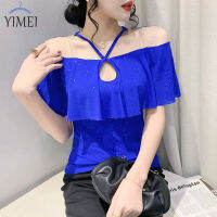 YIMEI เสื้อยืดของผู้หญิงจากกวางโจวที่สวยงาม2023มีเชือกผูกสำหรับฤดูร้อนเสื้อตาข่ายปลอกแขนแบบมีระบายแฟชั่นของผู้หญิงเสื้อเชิ้ตเพชร