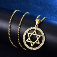 Jewish Six-Pointed Star Round Hollow Pendant Necklace with Crystal Hip-Hop Star of David Religious Jewelry Neck Pendants Women Fashion Chain Necklaces