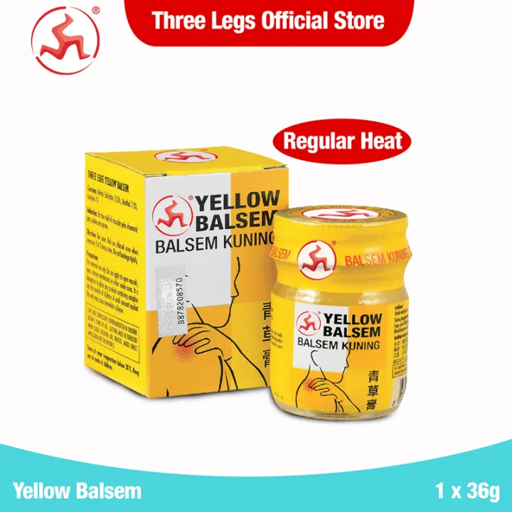Three Legs Yellow Balsem 36gm - Normal Heat - For Relief of Muscular Pain, Rheumatic Pain and Sprains - Halal Certified