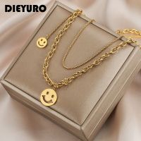 DIEYURO Stainless Steel Anti-fading Double Smile Necklace Female Cuban Chain Hip Hop Sweater Chain Fashion Handmade Jewelry Fashion Chain Necklaces