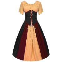 Medieval Retro Contrasting Color Patchwork Lace Up Waist Up Large Swing Skirt, Off Shoulder Dress, Dress, Womens Cosplay