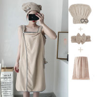 New Thicken Ladies Tube Top Strap Magic Bath Towel Coral Fleece Bath Skirt Can Wear Beach Towel Shower Cap Set