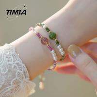 TIMIA แฟชั่นสำหรับผู้หญิง ของที่ระลึกสำหรับนักท่องเที่ยว เล็กๆน้อยๆสด ถักแบบถัก งานทำมือ ไข่มุกไข่มุก สร้อยข้อมือลูกปัดคริสตัล กำไลข้อมือผู้หญิง เชือกมือสไตล์เกาหลี หยก Hetian เลียนแบบ