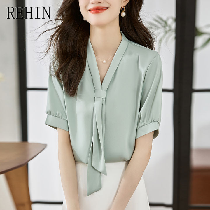 rehin-เสื้อสตรีมเมอร์ผ้าซาตินแขนสั้น-เสื้อลำลองผ้าซาตินใส่ได้หลายโอกาสสีทึบแฟชั่นสไตล์เกาหลีแบบใหม่ฤดูร้อน