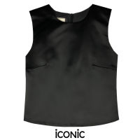 iCONiC BLACK WORKING TOP #2831 เสื้อแขนกุด ผ้าไหม สีดำ อก34" ยาว18" เอว32" เสื้อผญ เสื้อแฟชั่น เสื้อไฮโซ เสื้อผ้าไหม เสื้อพิมพ์ลาย
