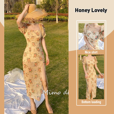 Honey Lovely ฝรั่งเศสชาแบ่งยาวกระโปรง2022new การออกแบบความรู้สึกซอกสแควร์คอพัฟแขนชุดดอกไม้สำหรับผู้หญิงในช่วงฤดูร้อน HON926
