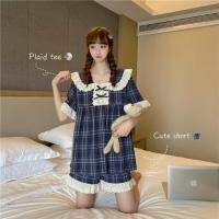 COD SDFGDERGRER Hot Price Pajamas Women Spring Summer 2020 Korean Version Casual Doll Collar Plaid Student ins Loungewear Suit Two-Piece