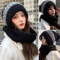 ฤดูหนาวหนาขนแกะที่อบอุ่นเรียงราย Beanies ผ้าพันคอชุดหญิงสาว P Ompom ถักฮู้ดขนสัตว์ Skullcap หญิงกลางแจ้งสกี Bonnet หมวก