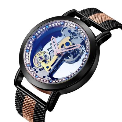 ⌚โปร่งใสแฟชั่น Tourbillon นาฬิกาผู้ชายสีฟ้าหน้าปัดคริสตัลสายนาฬิกาแบบถักอัตโนมัตินาฬิกาข้อมือ Reloj กลไก2023