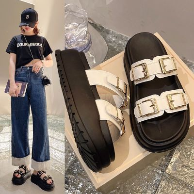 【July】 Slippers womens outerwear 2023 summer new fashion all-match niche belt buckle casual thick-soled word sandals and slippers