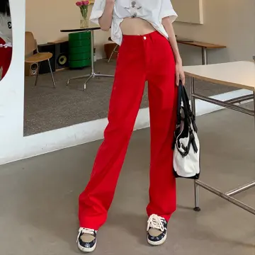 y2k Red Cargo pants for women Korean style high waist loose casual