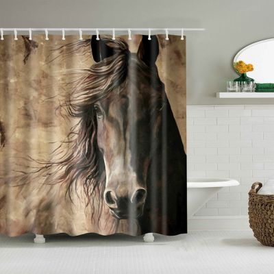 Farmhouse Shower Curtain Rustic Barn Door Horses Wooden Wood with Western Country Theme House Decor