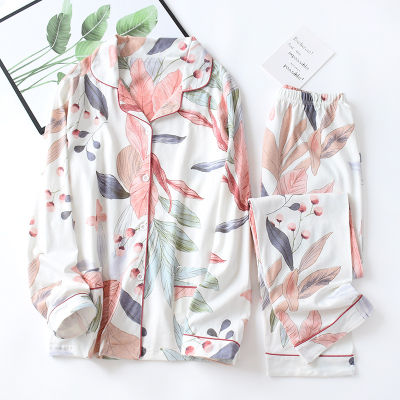 New Spring and autumn new ladies pajamas suit floral 100 cotton fresh style pajamas suit female lapel female casual home wear