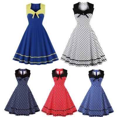 HOT11★Women Vintage Polka Dots Dress Retro Rockabilly tail Party Elegant Dress 1950s 40s Swing Dress Summer Dress Sleeveless
