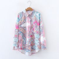 European and American style womens new flower print loose lapel long-sleeved fashion shirt