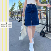 [พร้อมส่ง] BabarryJeans กระโปรงยีนส์ เอวสูง วินเทจ ปลายรุ่ย สียีนส์เข้ม ยาว 23 นิ้ว