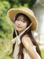 ▨◊♛ French Straw Hat Feminine Holiday Wind Sunshade Hat High-grade Apricot Sunscreen Flat Top Sun Hat