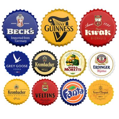【YF】○☌  Beer Bottle Cap Tin Sign Metal Round Plates Classic Wine Brand Plaques Bar Wall Signs Customize