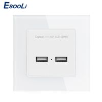 Esooli Wall Power Socket Dual USB Smart Induction Charging Port For Mobile 5V 2.1A Output Crystal Tempered Glass Panel