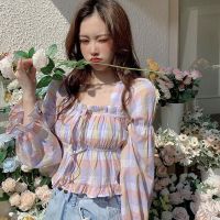 Women Blouse Plaid Color Matching Square Collar Shirts y Sweet Crop Tops Exposed Navel Long Sleeve Shirt Blouses