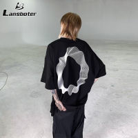 Lansboter เสื้อยืดแขนสั้นผู้ชาย,เสื้อยืดรอบคอหลวมหล่อเรียบง่ายเสื้อยืดพิมพ์ลายหลัง