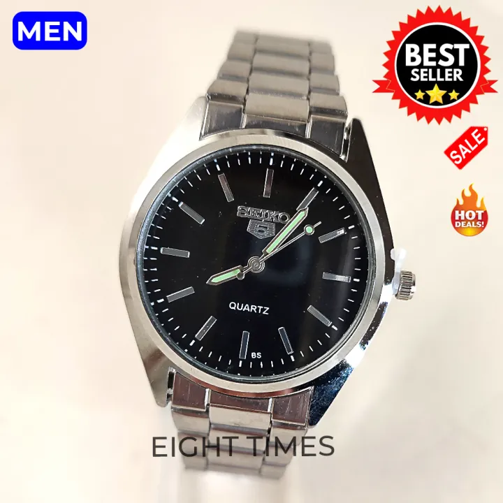 Seiko 5 Quartz Silver Strap Black Dial Stainless Steel Watch for Men |  Lazada PH