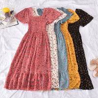 Retro Square Collar Floral Dress ผู้หญิงใหม่เอวสูงแขนฟองในกระโปรงยาว