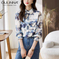 OULINNA เสื้อแบบคอยาวแขนเสื้อยืนสำหรับผู้หญิงเสื้อชีฟองใบหน้าปลอมเกรดดีเยี่ยมภาพวาดหมึกรัศมี