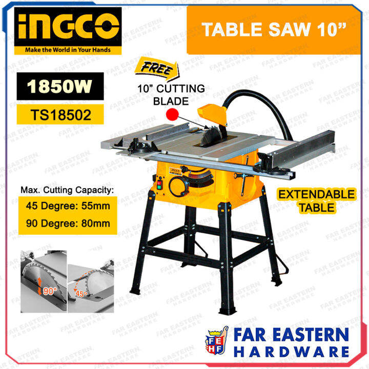 INGCO Table Saw 10" Extendable 1850W Stand Workbench Free Cutting Blade