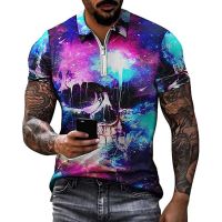 Skull MenS Collar Polo Shirts Golf Patchwork Grid 3d Print Skull Short Sleeves Zipper New Men Clothing Designer Breathable Tops