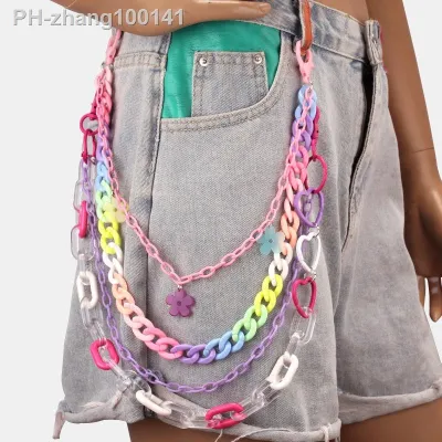 DIEZI Hip Hop Punk Flower Key Chain Ring Women Men Multicolor Resin Circle Heart Pendant Waist Chain For Bag Car Jeans Pants
