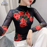 YIMEI เสื้อยืดแขนยาวสำหรับผู้หญิง,เสื้อยืดแขนยาวพิมพ์ลายกุหลาบแขนยาวเดรสสั้นปิดคอแฟชั่นฤดูใบไม้ร่วง/ฤดูหนาว2023