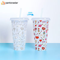 [pantorastar] 701-800ml Temperature Sensitive Color Changing Cups With Lid Creative Cold Water Discoloration Cold Drink Water Bottle Plastic Straw Cup