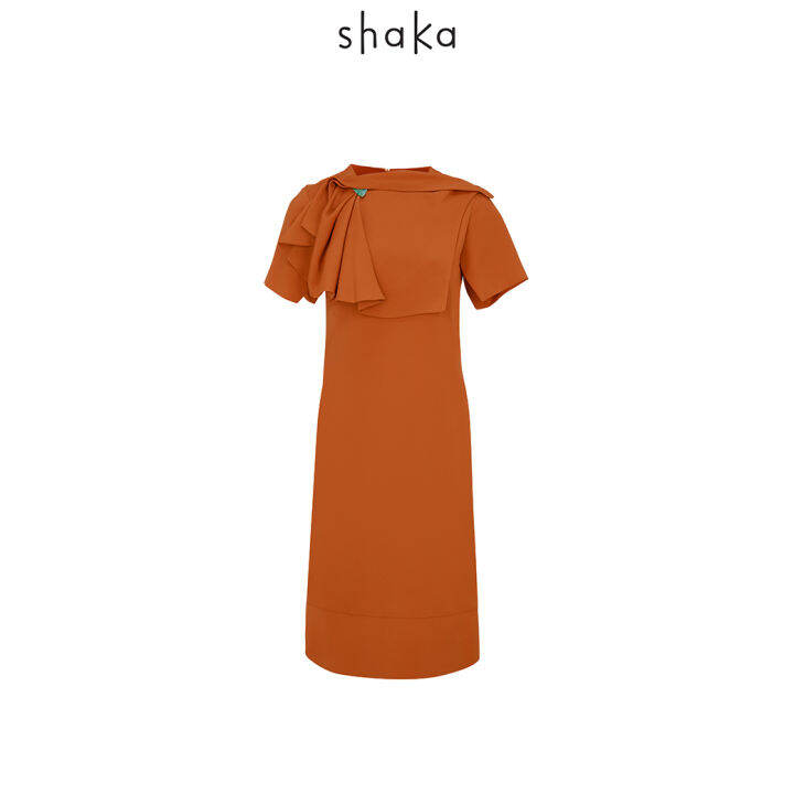 shaka-ss21-drape-layer-dress-เดรสยาว-แขนสั้น-ทรงเอ-เข้ารูปช่วงเอว-ติดกระดุมแต่ง-recycle-ds-s210403