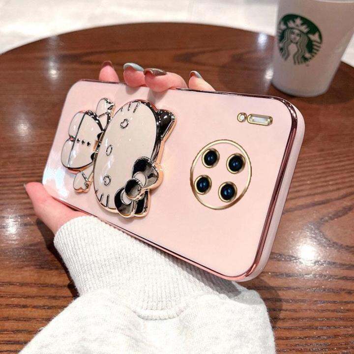 folding-makeup-mirror-phone-case-for-huawei-mate-30-pro-mate-20-pro-mate-40-50-pro-case-fashion-cartoon-cute-cat-multifunctional-bracket-plating-tpu-soft-cover-casing