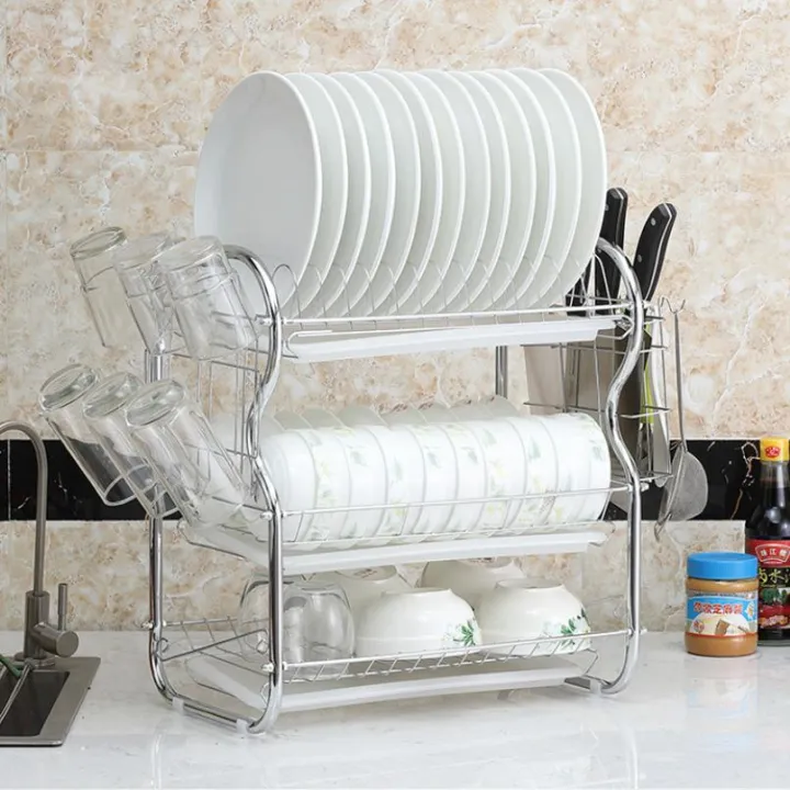 NaVa Kitchen 3 Tier Stainless Steel B Shape Dish Rack with Dual Side Storage Organizer Compartment