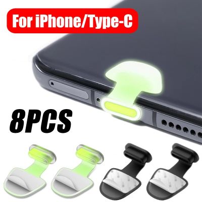 8Pcs Luminous Dust Plug Lossproof Charging Port Dustplugs for iPhone Samsung Xiaomi iPad Tablet IOS Type C Silicone Dustplug Cap Electrical Connectors