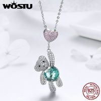 WOSTU 100% 925 Sterling Silver Pink CZ Heart And Cute Bear Animal Pendant Necklaces for Women Silver Jewelry Gift ZBSCN271