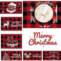 Santa Snowman Elk การ์ตูนผ้าลินินเสื่อรับประทานอาหาร Merry Christmas ตกแต่งสีแดง Xmas Tree พิมพ์ Placemats ถ้วยแผ่นทนความร้อนตกแต่งปีใหม่