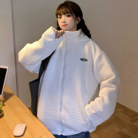 Waffle Neck Hoodie Womens Spring and Autumn Thin Loose Korean Style Style Cardigan Jacket