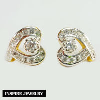 Inspire Jewelry ,ต่างหู ฝังเพชร รูปหัวใจ งานจิวเวลลี่  หุ้มทองแท้ 100% 24K สวยหรู (พิเศษ สำหรับผิวแพ้ง่ายมาก) พร้อมถุงกำมะหยี่