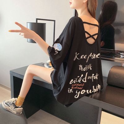 COD DSFDGDFFGHH 【M-6XL/Plus Size/】Oversized Korean Style Women Plus Size T-shirt Sexy V Neck Backless Short Sleeves Big Loose Letter Printed Tee Maternity Pregnancy T-shirt Casual Top Cotton Fashion Big Size Medium-Long Length T-shirt Pajamas
