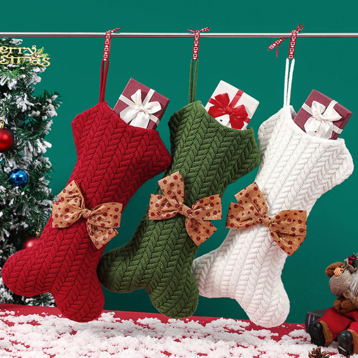 เครื่องประดับต้นคริสต์มาสถุงซานตาถุงเท้าคริสต์มาสคู่จี้ห้อยคอรูปกระดูกแบบถักถุงซานตาไซส์ใหญ่