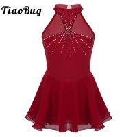 △☏✻ TiaoBug Kids Girls Shiny Rhinestones Mesh Splice Sleeveless Performance Dancewear Ballet Gymnastics Leotard Figure Skating Dress