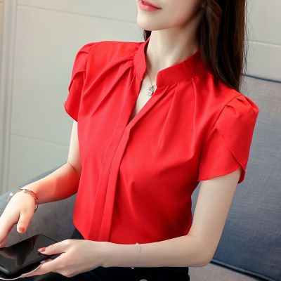 สไตล์เกาหลีแบบใหม่เสื้อชีฟองแขนสั้นสำหรับผู้หญิง,เสื้อคอวีสำหรับใส่ไปทำงานในออฟฟิศ
