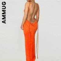 ✔◆❐ Ammug Backless Maxi Dress Sexy Orange Spaghetti Strap Slim Dress Robe Leisure Girl Outfits Elastic Female Dresses Woman Vestidos