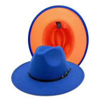 สีฟ้า ORANEGE ปีกกว้าง Fedora หมวกสำหรับผู้หญิงบุรุษรู้สึก Fedora หมวกด้วยเข็มขัดหัวเข็มขัดสองโทนรู้สึกปานามาหมวก