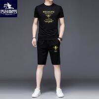 【hot seller】 summer mens suit trendy casual sports short-sleeved T-shirt five-point two-piece set