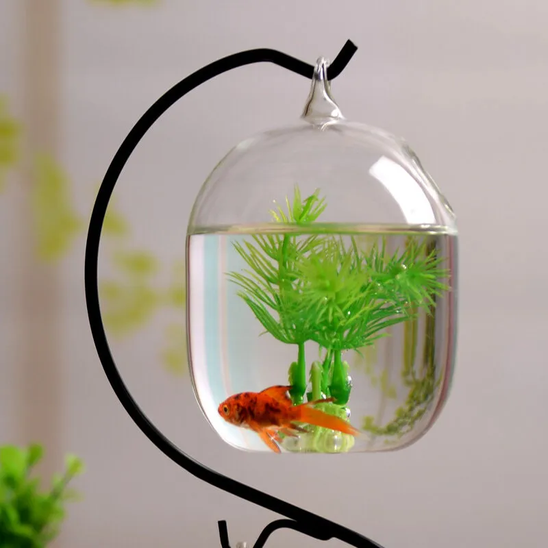 Yirtree Desk Hanging Fish Tank, Small Glass Betta Bowl Aquarium with  Stand,Plant Terrarium for Home Table Top Office Garden Decor